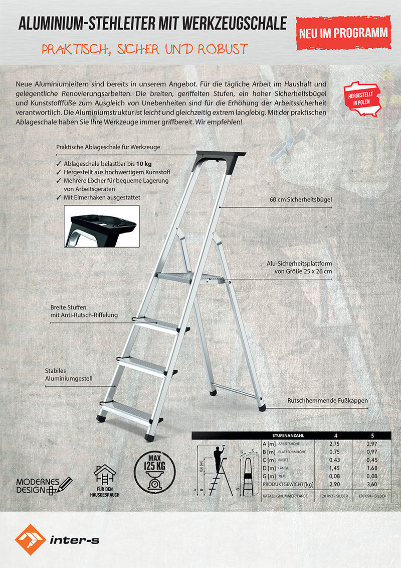 Aluminium-stehleiter mit Werkzeugschale