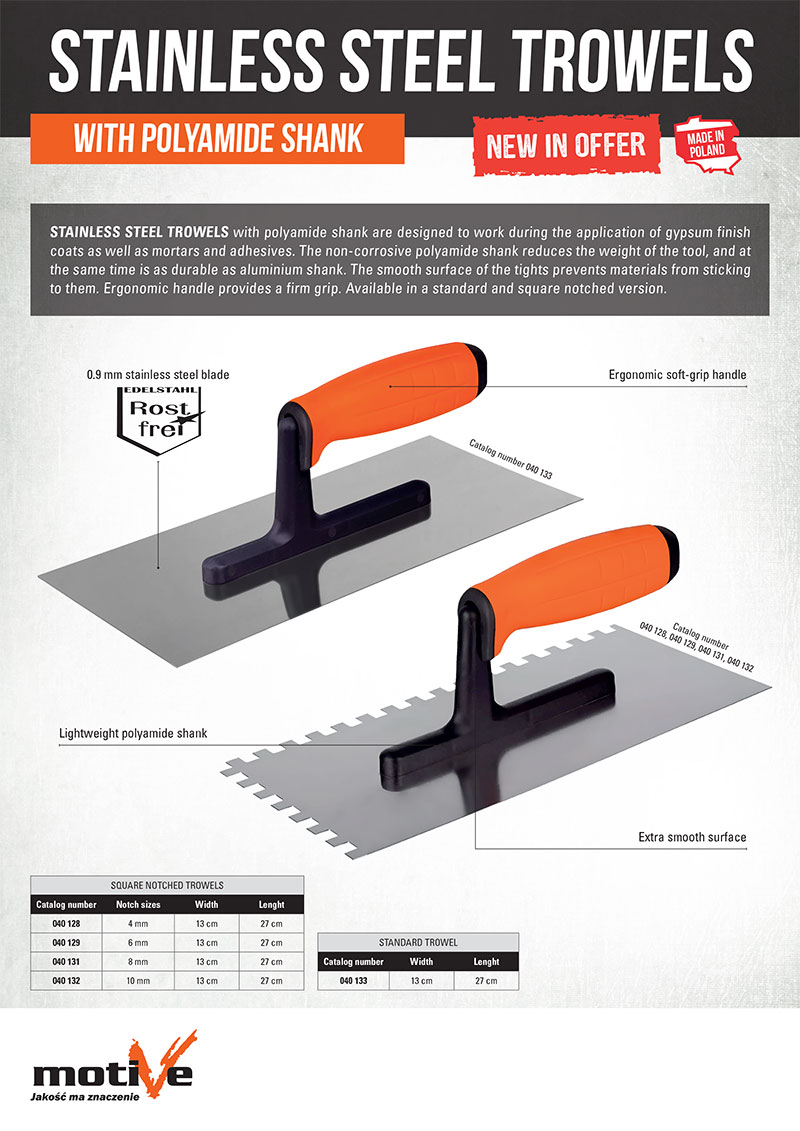 Stainless steel trowels with polyamide shank
